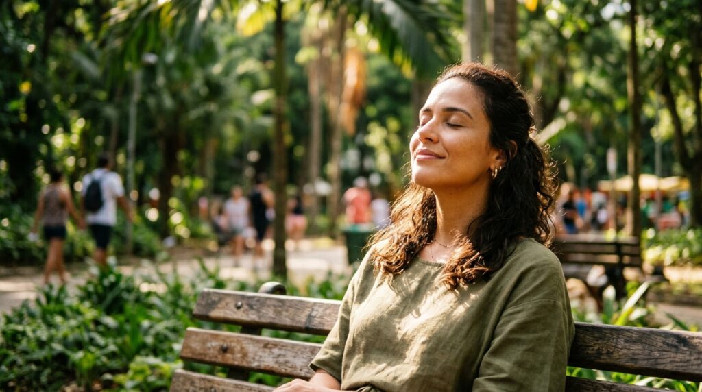 Close-up de uma mulher de olhos fechados e expressão serena, sentada em um banco de madeira em um parque. Ela parece respirar profundamente e aproveitar o sol que filtra entre as árvores ao fundo. O ambiente está desfocado, destacando sua sensação de paz e conexão com a natureza.