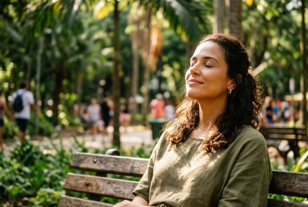 Close-up de uma mulher de olhos fechados e expressão serena, sentada em um banco de madeira em um parque. Ela parece respirar profundamente e aproveitar o sol que filtra entre as árvores ao fundo. O ambiente está desfocado, destacando sua sensação de paz e conexão com a natureza.