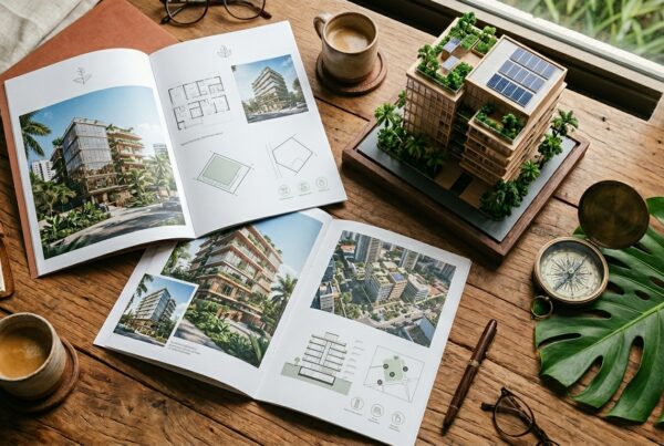 Uma vista superior de uma mesa de trabalho de madeira rústica, onde dois brochuras arquitetônicas abertas mostram renderizações de edifícios modernos e sustentáveis com muitas plantas e telhados verdes. No centro-direita, há um modelo físico detalhado de um desses edifícios, construído em madeira clara e equipado com painéis solares miniatura no teto, cercado por pequenas árvores. Ao redor dos brochuras e do modelo, estão dispostos objetos como duas xícaras de café em pires de madeira, um par de óculos, uma bússola de latão antiga e aberta, uma caneta-tinteiro de madeira e uma grande folha de Costela-de-Adão seca. A cena é banhada por luz natural suave vinda de uma janela à direita, criando uma atmosfera de planejamento criativo e ecológico.