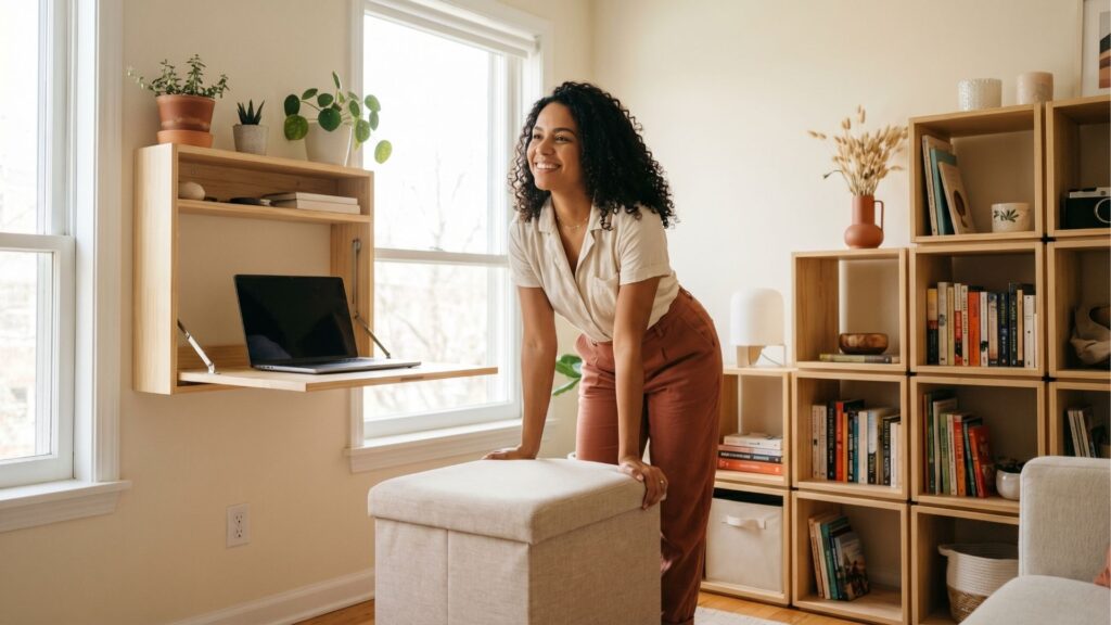 Uma mulher sorridente em um ambiente de escritório doméstico compacto e organizado. À esquerda, uma escrivaninha dobrável fixada na parede sustenta um notebook. Ao lado dela, uma estante modular feita de nichos de madeira clara está repleta de livros e objetos decorativos. A mulher está em pé, apoiada em um puff cinza que também parece servir como baú. A iluminação natural vinda da janela ao fundo destaca a decoração minimalista com várias plantas.