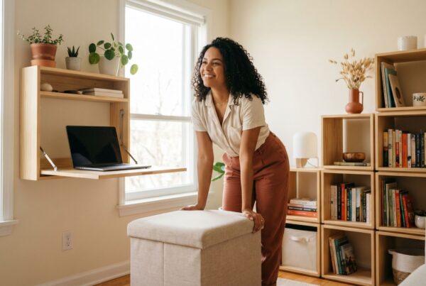 Uma mulher sorridente em um ambiente de escritório doméstico compacto e organizado. À esquerda, uma escrivaninha dobrável fixada na parede sustenta um notebook. Ao lado dela, uma estante modular feita de nichos de madeira clara está repleta de livros e objetos decorativos. A mulher está em pé, apoiada em um puff cinza que também parece servir como baú. A iluminação natural vinda da janela ao fundo destaca a decoração minimalista com várias plantas.