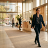 mulher adulta caminhando em hall de edifício comercial moderno com luz natural intensa (sala comercial em Pelotas)
