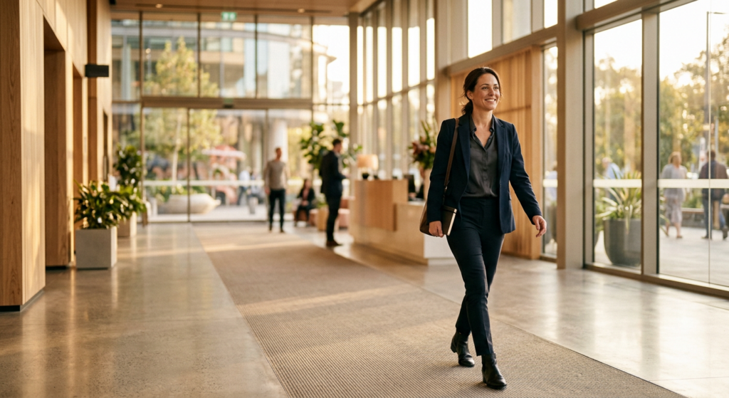 mulher adulta caminhando em hall de edifício comercial moderno com luz natural intensa (sala comercial em Pelotas)