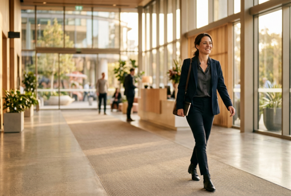 mulher adulta caminhando em hall de edifício comercial moderno com luz natural intensa (sala comercial em Pelotas)