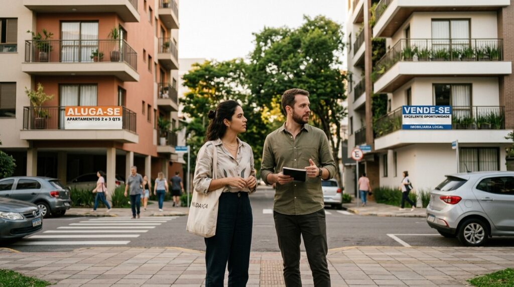 Um casal parado em uma calçada urbana, posicionado entre dois prédios residenciais. No prédio à esquerda, destaca-se uma placa laranja escrito "ALUGA-SE". No prédio à direita, uma placa azul indica "VENDE-SE". O homem segura um pequeno bloco de notas e o casal observa os prédios com uma expressão de dúvida e análise.