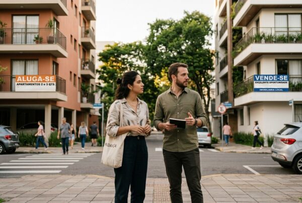 Um casal parado em uma calçada urbana, posicionado entre dois prédios residenciais. No prédio à esquerda, destaca-se uma placa laranja escrito "ALUGA-SE". No prédio à direita, uma placa azul indica "VENDE-SE". O homem segura um pequeno bloco de notas e o casal observa os prédios com uma expressão de dúvida e análise.